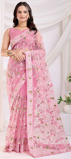 Pink and Majenta color Saree in Net fabric with Embroidered, Resham, Thread work