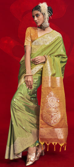 Green color Saree in Tussar Silk fabric with Weaving, Zari work