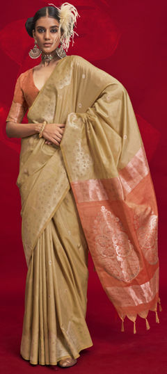 Beige and Brown color Saree in Tussar Silk fabric with Weaving, Zari work