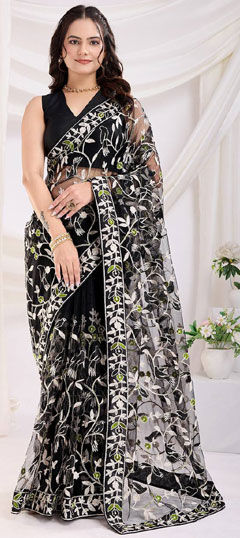 Black and Grey color Saree in Net fabric with Embroidered, Resham, Thread work