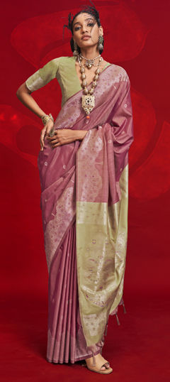 Pink and Majenta color Saree in Tussar Silk fabric with Weaving, Zari work