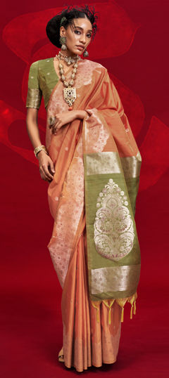 Orange color Saree in Tussar Silk fabric with Weaving, Zari work