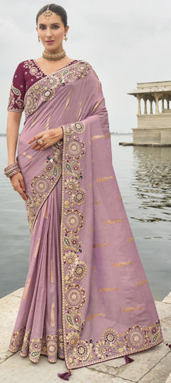 Purple and Violet color Saree in Viscose fabric with Embroidered, Thread work