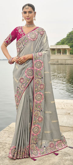 Black and Grey color Saree in Viscose fabric with Embroidered, Thread work