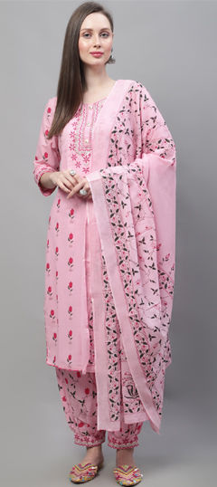 Pink and Majenta color Salwar Kameez in Cotton fabric with Embroidered, Floral, Printed work