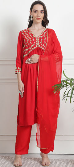 Red and Maroon color Salwar Kameez in Rayon fabric with Embroidered, Thread work