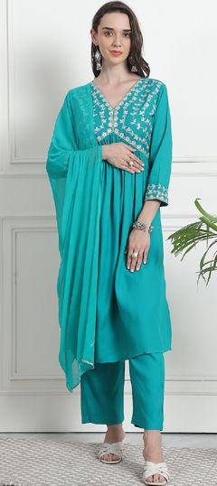 Blue color Salwar Kameez in Rayon fabric with Embroidered, Thread work