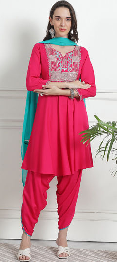 Pink and Majenta color Salwar Kameez in Rayon fabric with Embroidered, Thread work