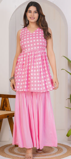 Pink and Majenta color Salwar Kameez in Rayon fabric with Printed work