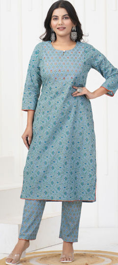 Blue color Salwar Kameez in Cotton fabric with Printed work