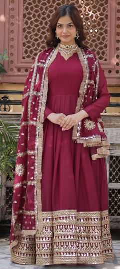 Red and Maroon color Gown in Georgette fabric with Embroidered, Sequence, Thread, Zari work