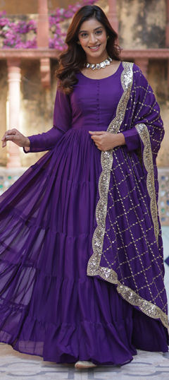 Purple and Violet color Gown in Georgette fabric with Sequence, Thread, Zari work