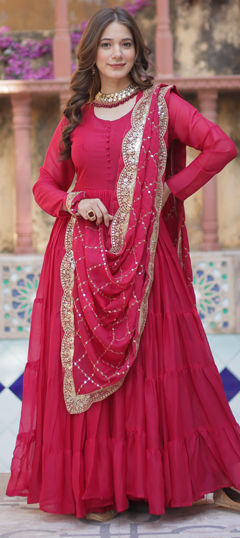 Pink and Majenta color Gown in Georgette fabric with Sequence, Thread, Zari work