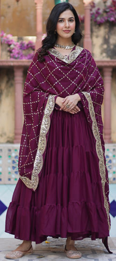 Purple and Violet color Gown in Georgette fabric with Sequence, Thread, Zari work