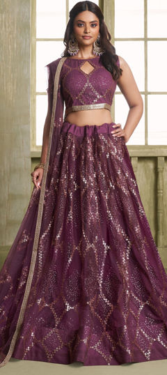 Pink and Majenta color Lehenga in Net fabric with Sequence, Thread work