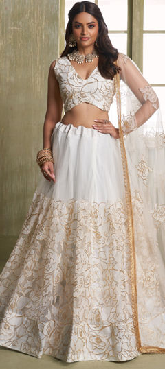 White and Off White color Lehenga in Net fabric with Sequence, Thread work