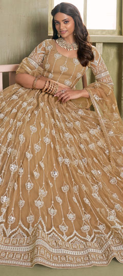 Beige and Brown color Lehenga in Net fabric with Sequence, Thread work