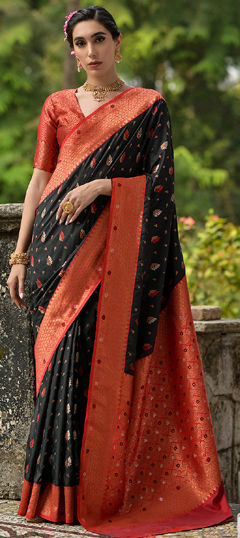 Black and Grey color Saree in Banarasi Silk fabric with Weaving, Zari work