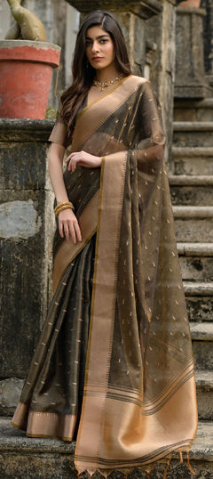 Beige and Brown color Saree in Tussar Silk fabric with Weaving, Zari work