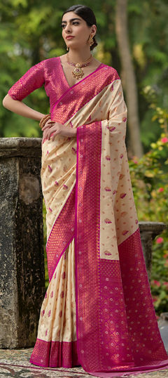 Beige and Brown color Saree in Banarasi Silk fabric with Weaving, Zari work