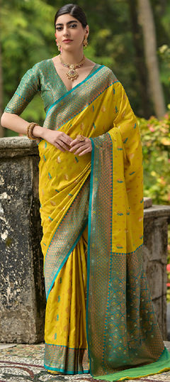 Yellow color Saree in Banarasi Silk fabric with Weaving, Zari work