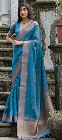 Blue color Saree in Tussar Silk fabric with Weaving, Zari work