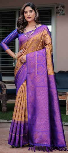 Beige and Brown, Purple and Violet color Saree in Banarasi Silk fabric with Weaving work