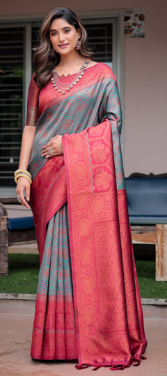 Blue, Red and Maroon color Saree in Banarasi Silk fabric with Weaving work