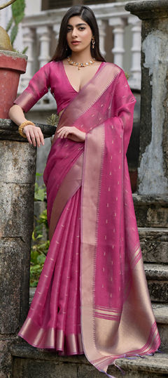 Pink and Majenta color Saree in Tussar Silk fabric with Weaving, Zari work