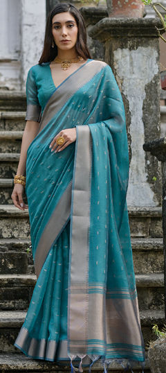 Green color Saree in Tussar Silk fabric with Weaving, Zari work