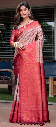 Beige and Brown, Red and Maroon color Saree in Banarasi Silk fabric with Weaving work