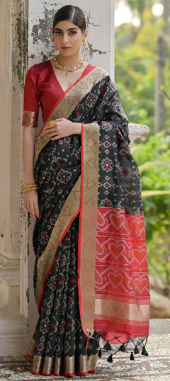 Black and Grey color Saree in Raw Silk fabric with Printed, Weaving work