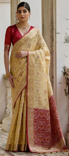 Beige and Brown color Saree in Raw Silk fabric with Printed, Weaving work