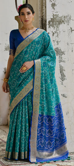 Blue color Saree in Raw Silk fabric with Printed, Weaving work