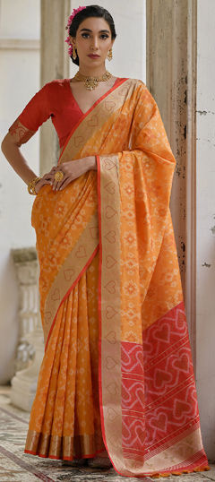 Yellow color Saree in Raw Silk fabric with Printed, Weaving work