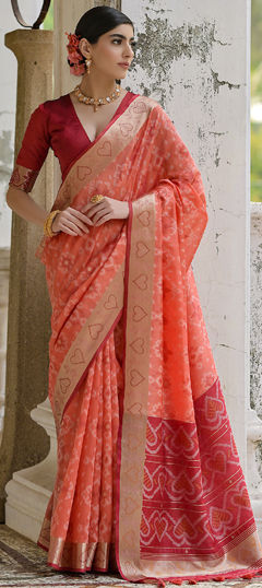 Orange color Saree in Raw Silk fabric with Printed, Weaving work