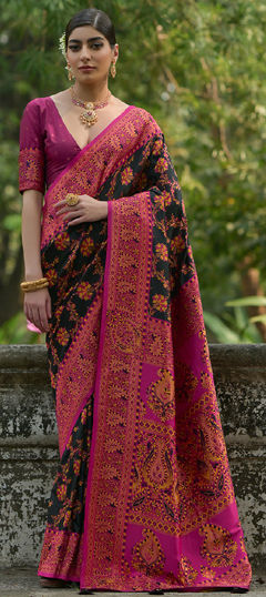 Black and Grey color Saree in Pashmina fabric with Thread, Weaving, Zari work