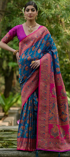 Blue color Saree in Pashmina fabric with Thread, Weaving, Zari work