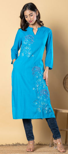 Blue color Kurti in Rayon fabric with Embroidered, Resham, Thread work
