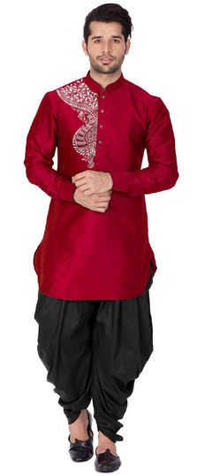 Red and Maroon color Dhoti Kurta in Dupion Silk fabric with Embroidered, Thread work