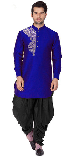 Blue color Dhoti Kurta in Dupion Silk fabric with Embroidered, Thread work