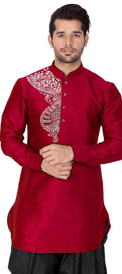 Red and Maroon color Kurta in Dupion Silk fabric with Embroidered, Thread work