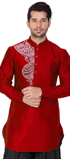 Red and Maroon color Kurta in Dupion Silk fabric with Embroidered, Thread work