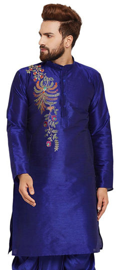 Blue color Kurta in Dupion Silk fabric with Embroidered, Thread work