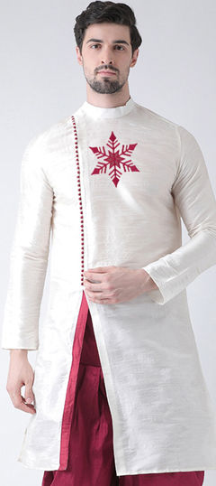 White and Off White color Kurta in Dupion Silk fabric with Embroidered, Thread work