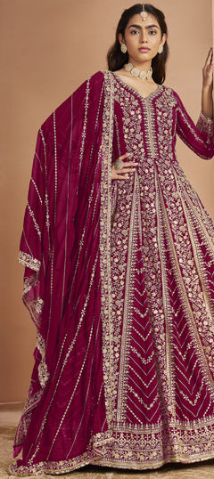 Pink and Majenta color Salwar Kameez in Faux Georgette fabric with Embroidered, Sequence, Thread, Zari work