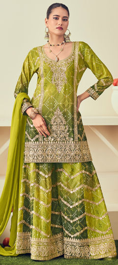 Green color Salwar Kameez in Silk fabric with Bandhej, Embroidered, Mirror, Printed, Thread, Zari work