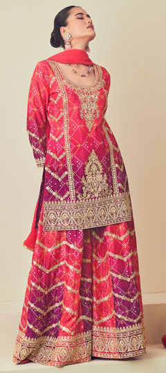 Pink and Majenta color Salwar Kameez in Silk fabric with Bandhej, Embroidered, Mirror, Printed, Thread, Zari work