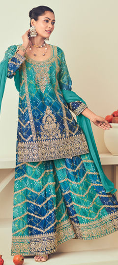 Blue color Salwar Kameez in Silk fabric with Bandhej, Embroidered, Mirror, Printed, Thread, Zari work