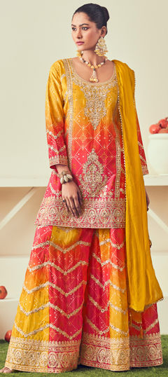 Red and Maroon, Yellow color Salwar Kameez in Silk fabric with Bandhej, Embroidered, Mirror, Printed, Thread, Zari work